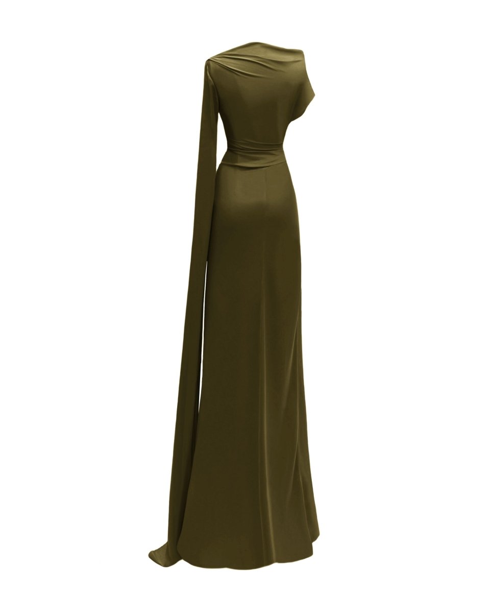 Asymmetrical Neckline Draped Olive Dress - Gemy Maalouf