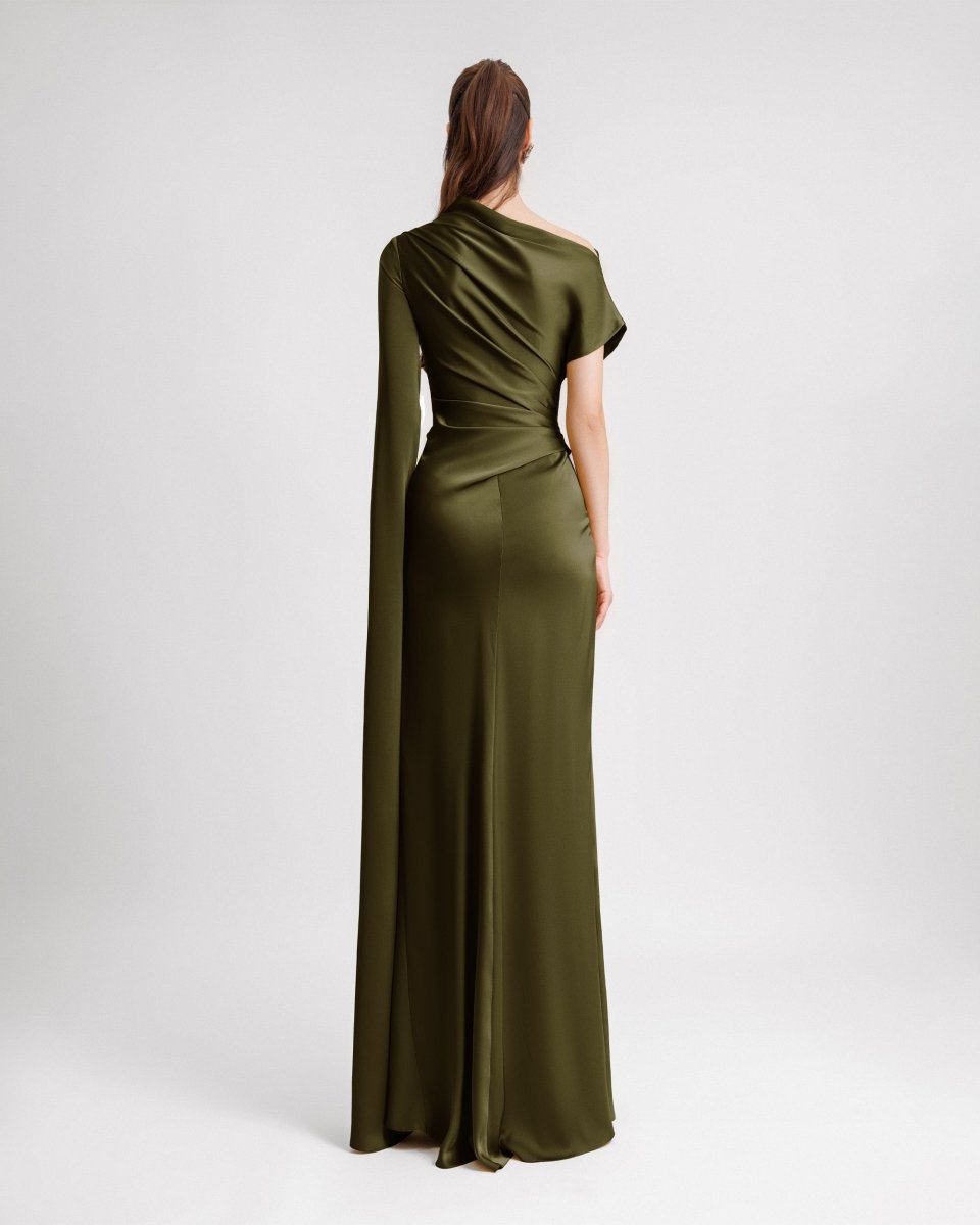 Asymmetrical Neckline Draped Olive Dress - Gemy Maalouf