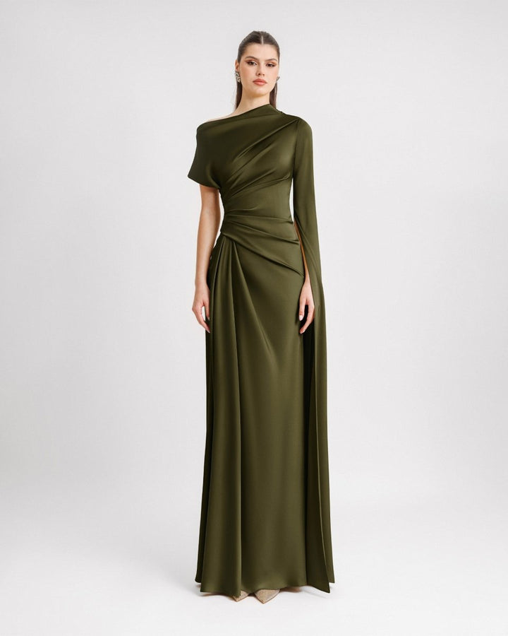 Asymmetrical Neckline Draped Olive Dress - Gemy Maalouf