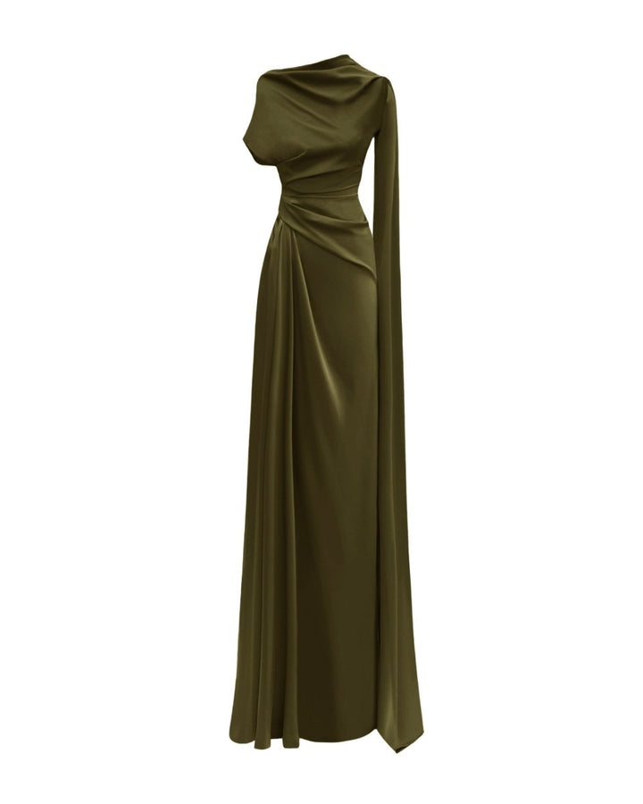 Asymmetrical Neckline Draped Olive Dress - Gemy Maalouf