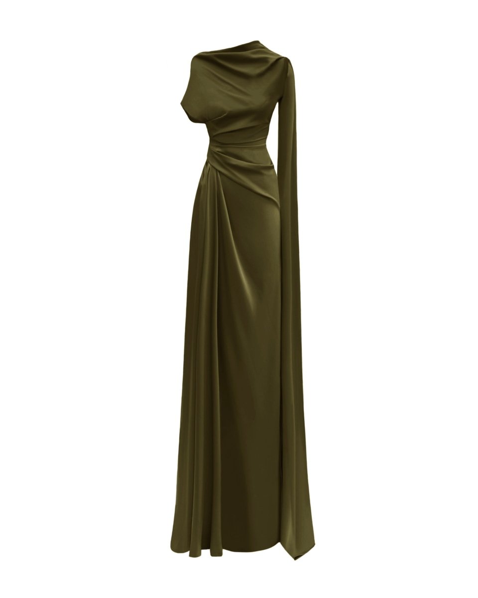 Asymmetrical Neckline Draped Olive Dress - Gemy Maalouf