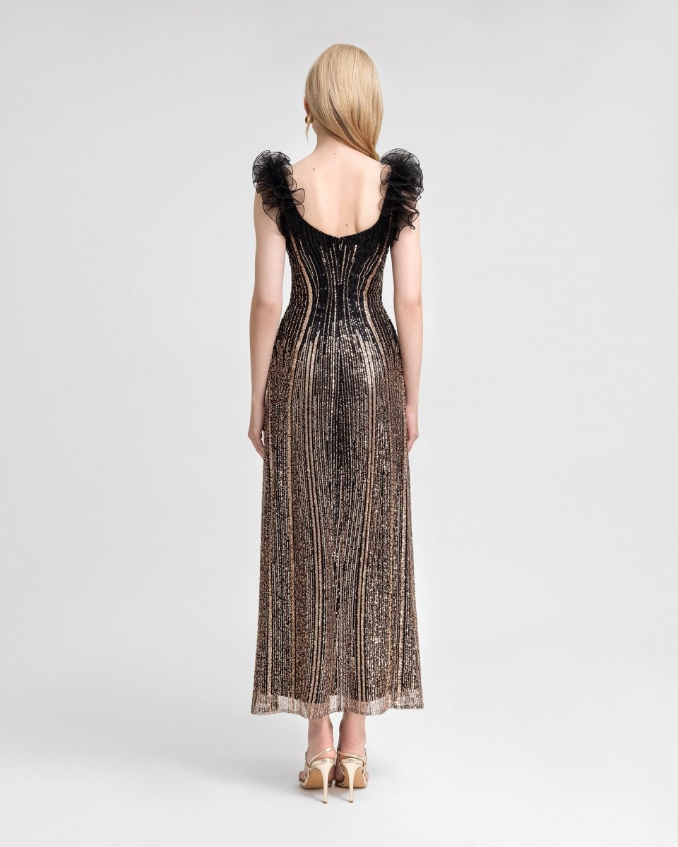 Beaded Tulle Dress with Ruffled Shoulders - Gemy Maalouf