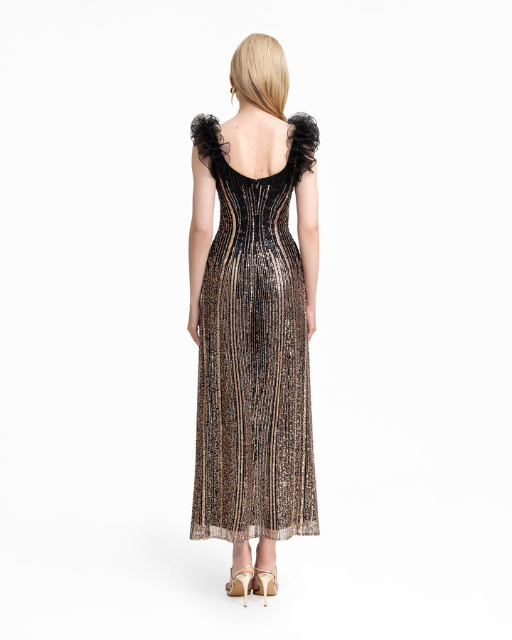 Beaded Tulle Dress with Ruffled Shoulders