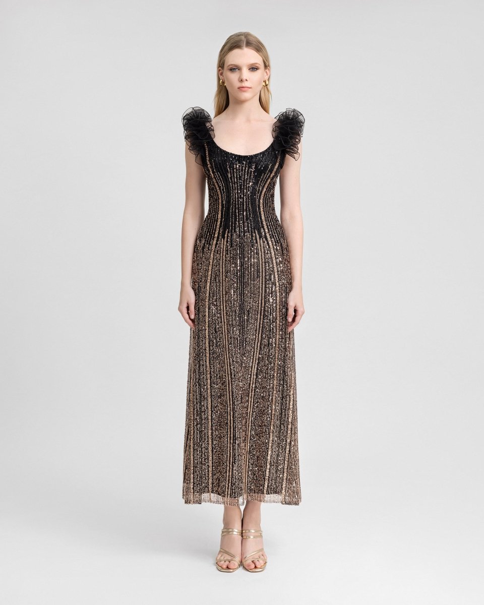 Beaded Tulle Dress with Ruffled Shoulders - Gemy Maalouf