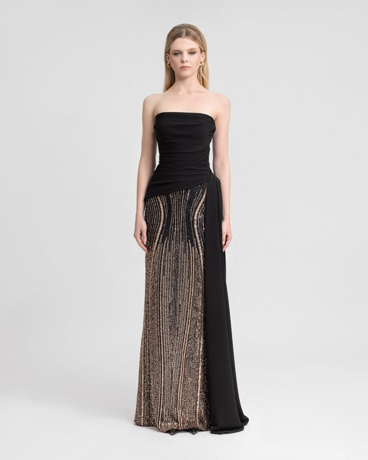 Strapless Draped Dress with Beaded Overskirt - Gemy Maalouf