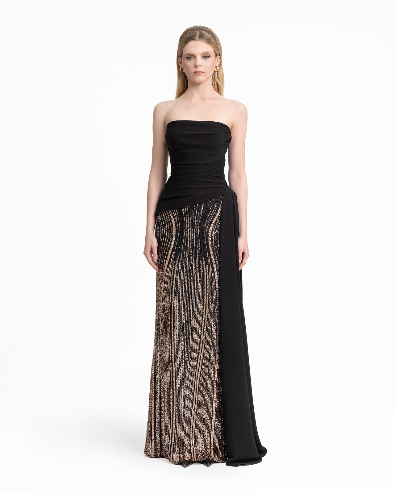 Strapless Draped Dress with Beaded Overskirt