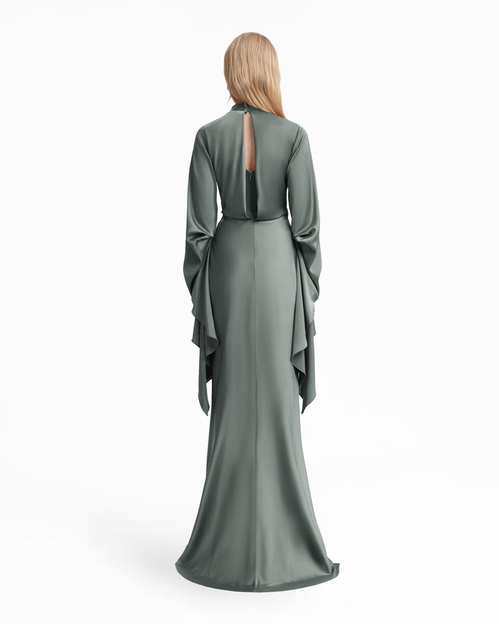 Draped Waist Dress with Ruffled Sleeves