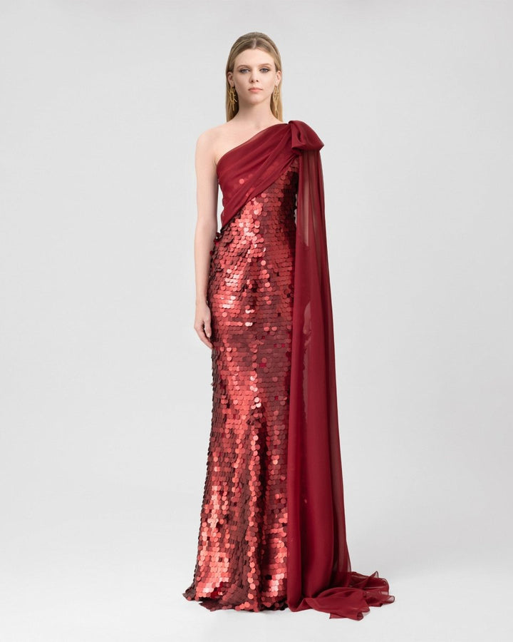 Sequin Dress with Cape Sleeve & Bow - Gemy Maalouf