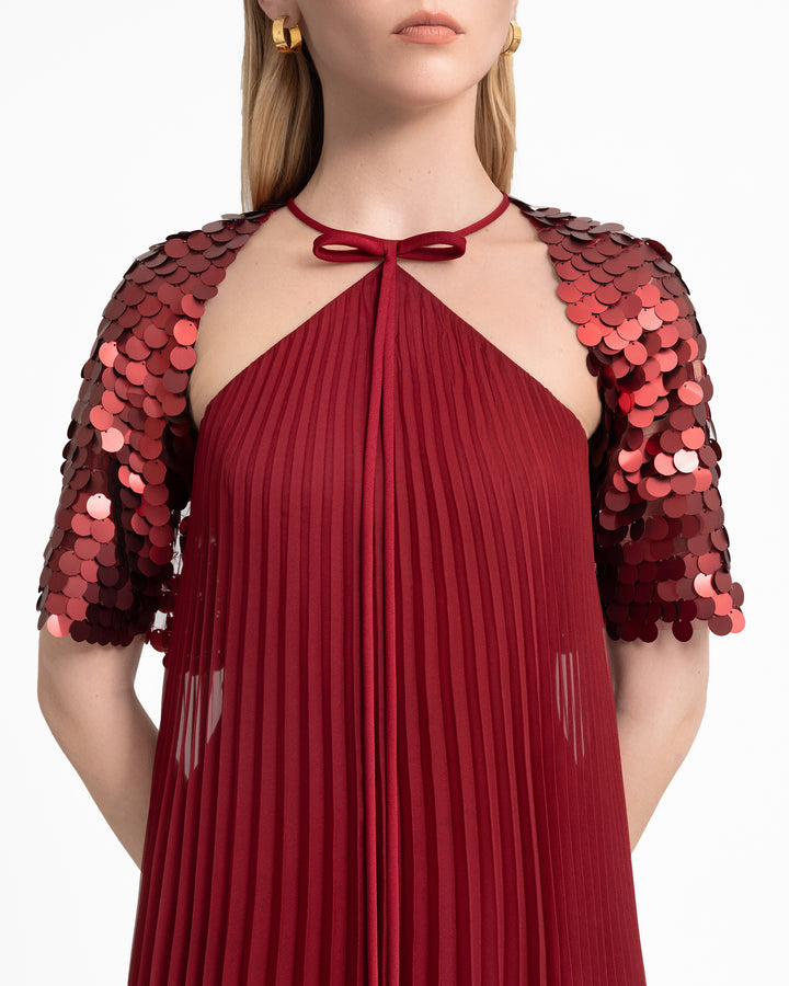 Halter Plissé Dress with Bow and Bolero Sleeves