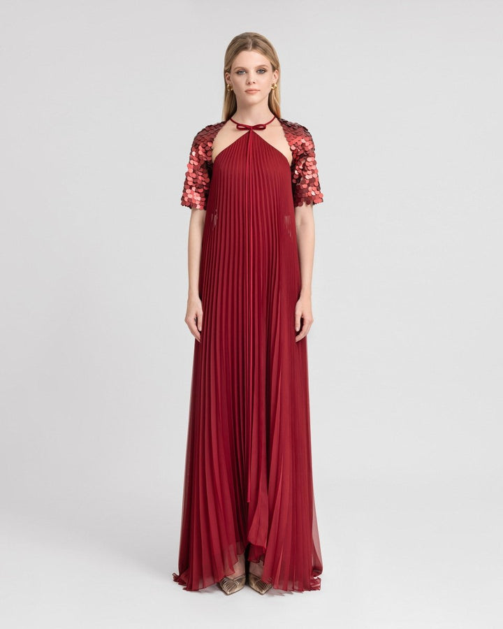 Halter Plissé Dress with Bow and Bolero Sleeves - Gemy Maalouf