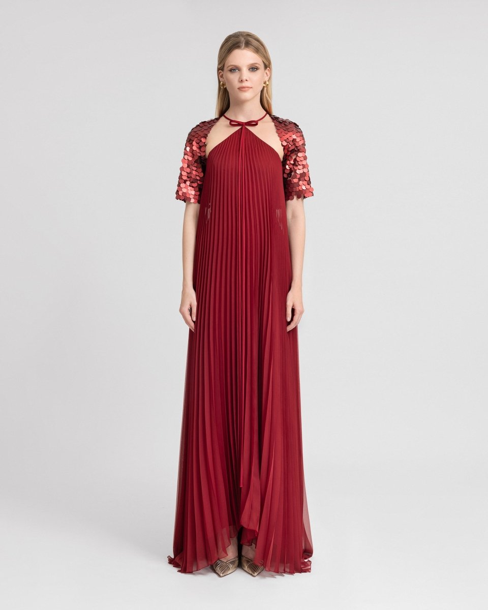 Halter Plissé Dress with Bow and Bolero Sleeves - Gemy Maalouf