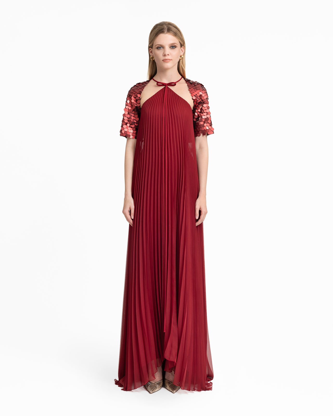 Halter Pliss Dress with Bow and Bolero Sleeves Halter Pliss Dress with Bow and Bolero Sleeves