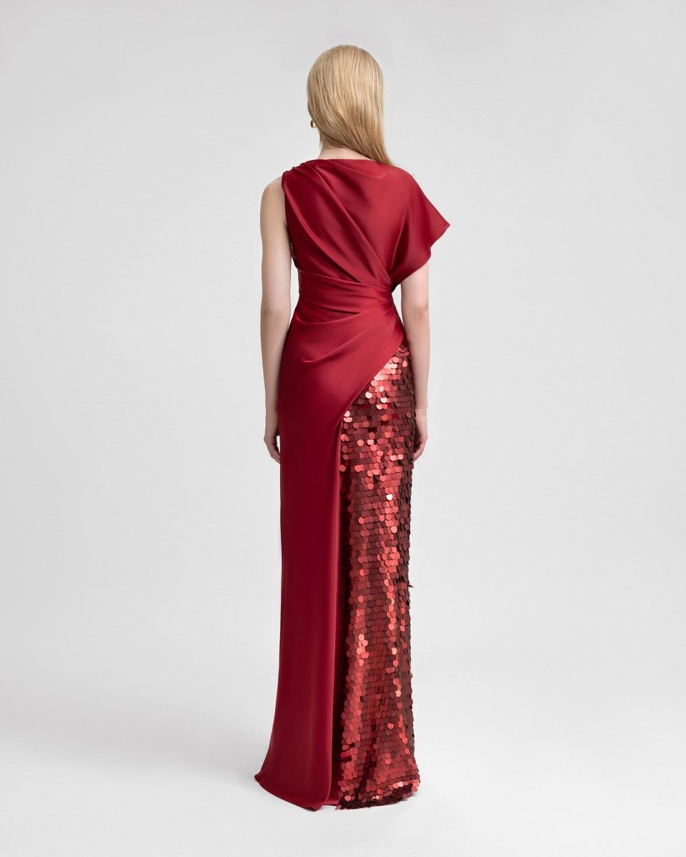 Asymmetrical Satin Dress with Slit and Sequins - Gemy Maalouf