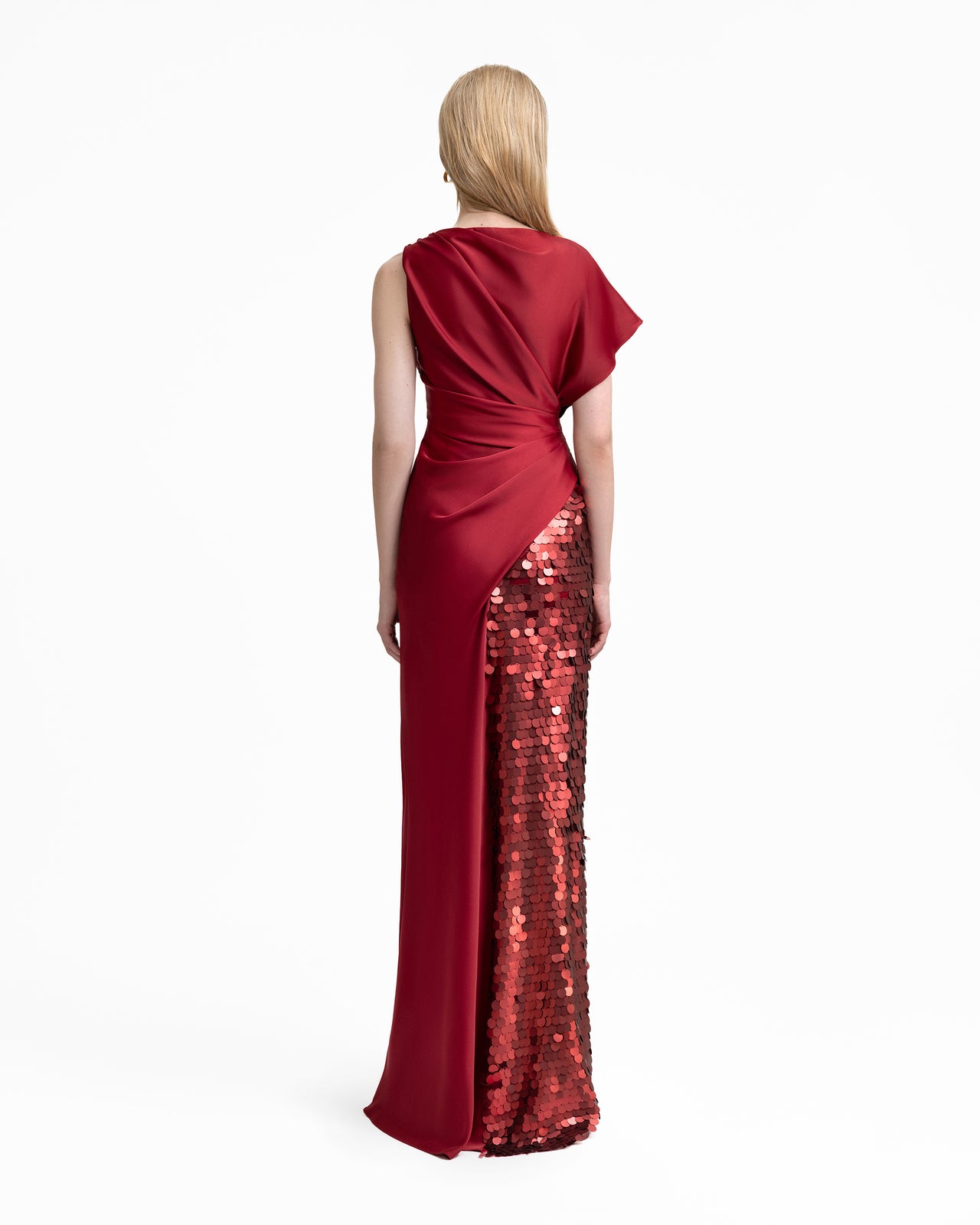 Asymmetrical Satin Dress with Slit and Sequins