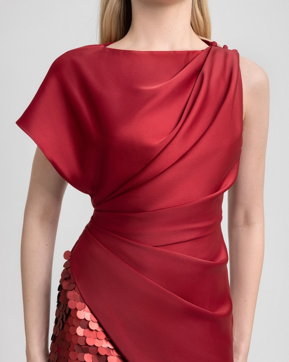 Asymmetrical Satin Dress with Slit and Sequins - Gemy Maalouf
