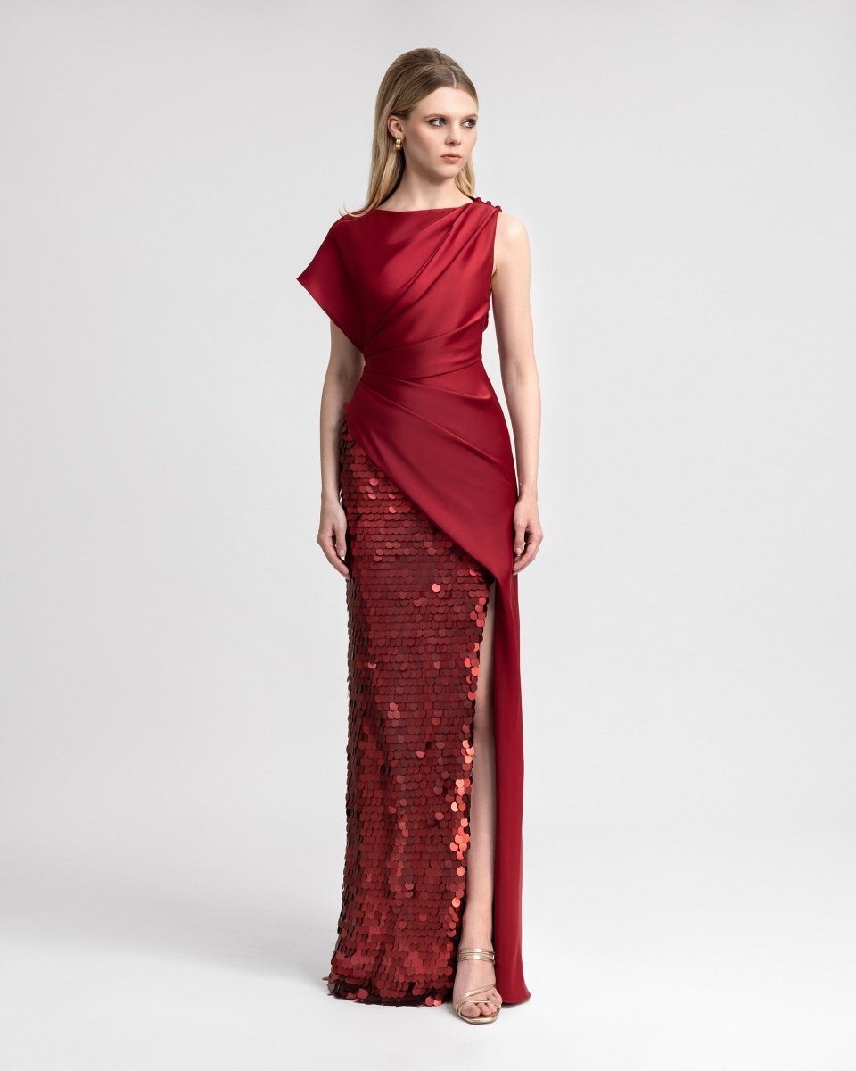 Asymmetrical Satin Dress with Slit and Sequins - Gemy Maalouf