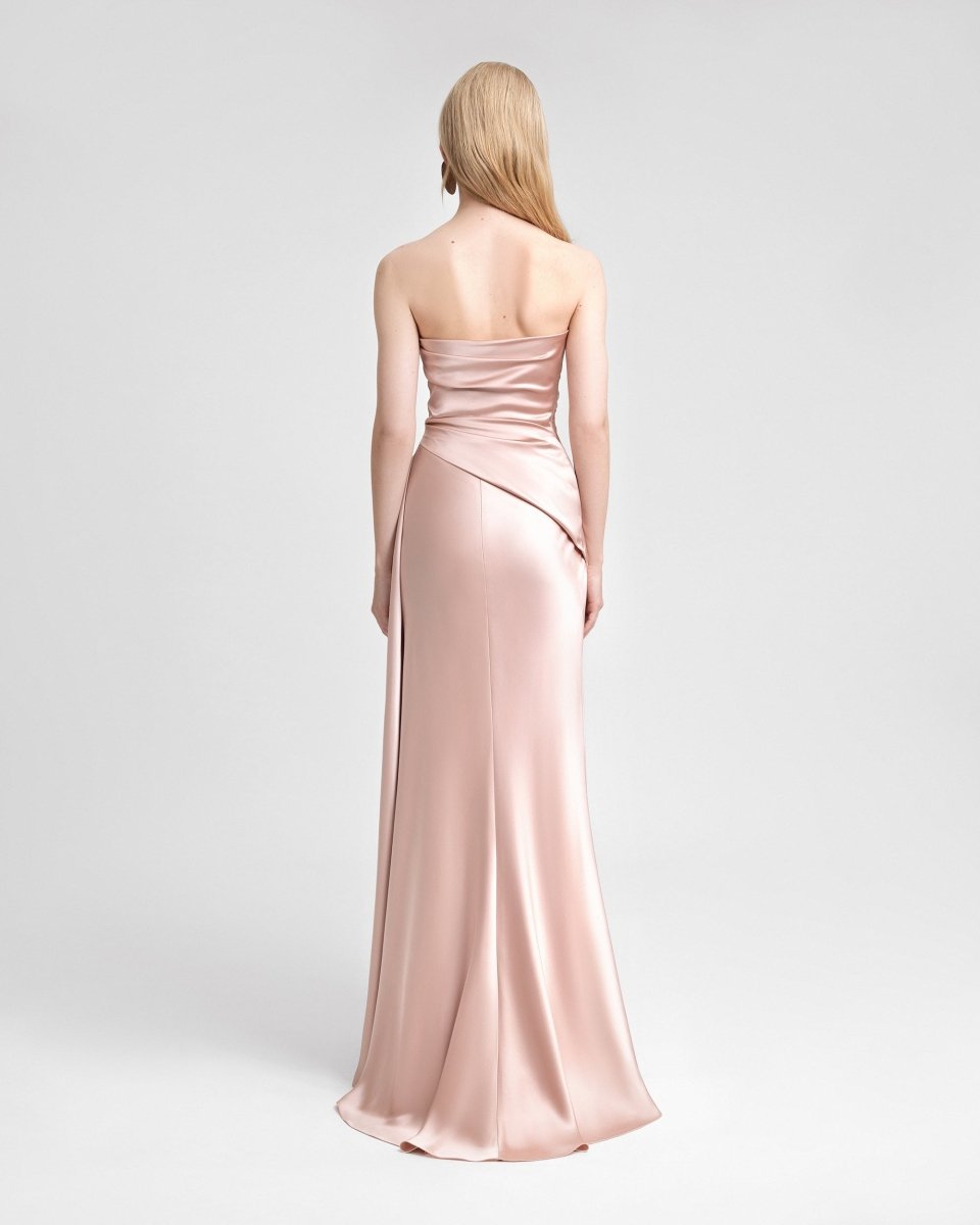 Strapless Asymmetrical Draped Satin Dress - Gemy Maalouf
