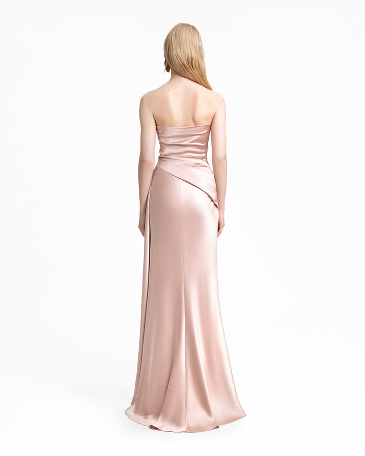 Strapless Asymmetrical Draped Satin Dress