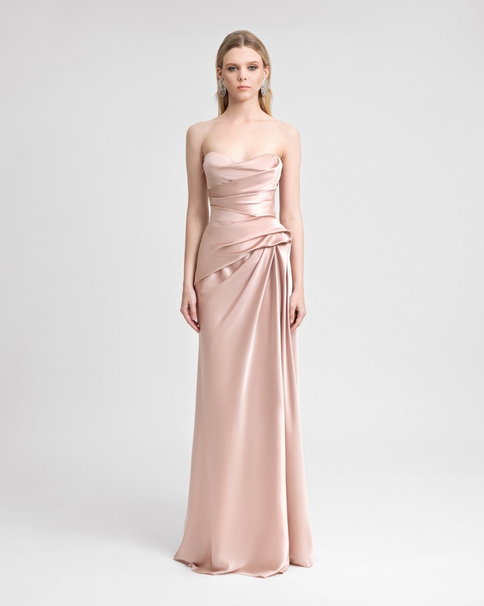 Strapless Asymmetrical Draped Satin Dress - Gemy Maalouf