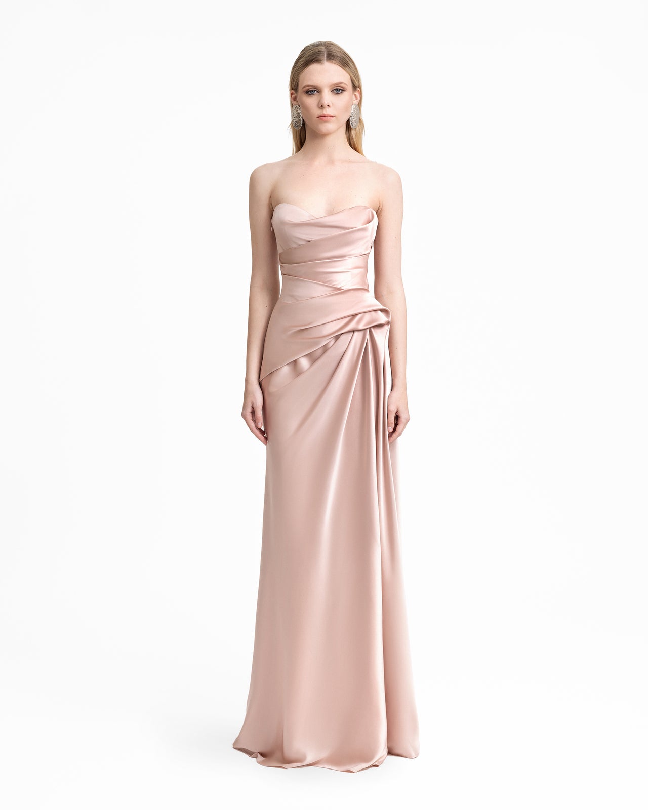 Strapless Asymmetrical Draped Satin Dress