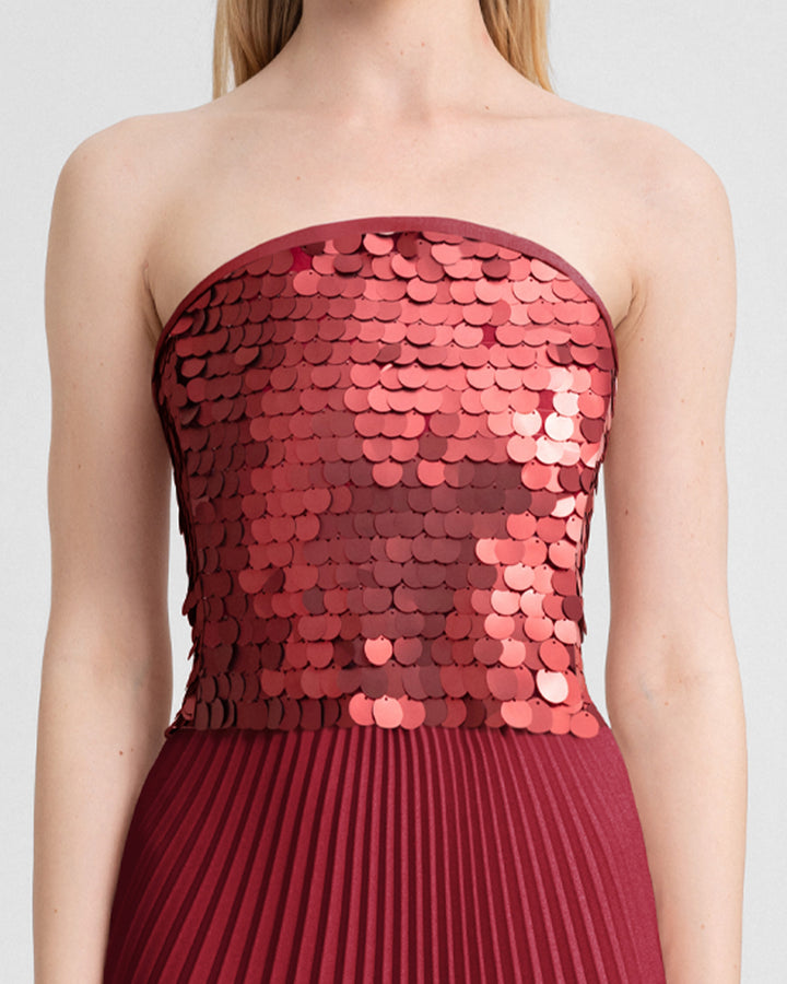 Strapless Sequin Bodice Dress with Plissé Skirt