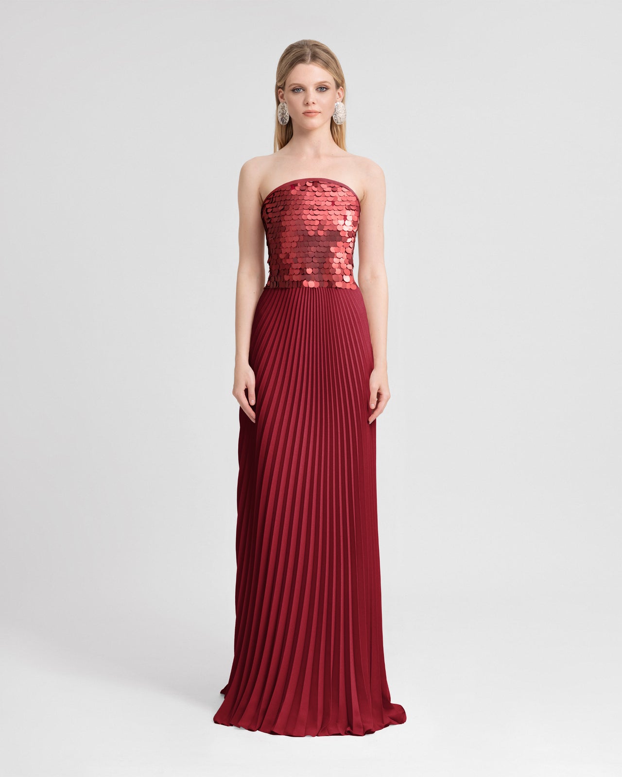 Strapless Sequin Bodice Dress with Plissé Skirt