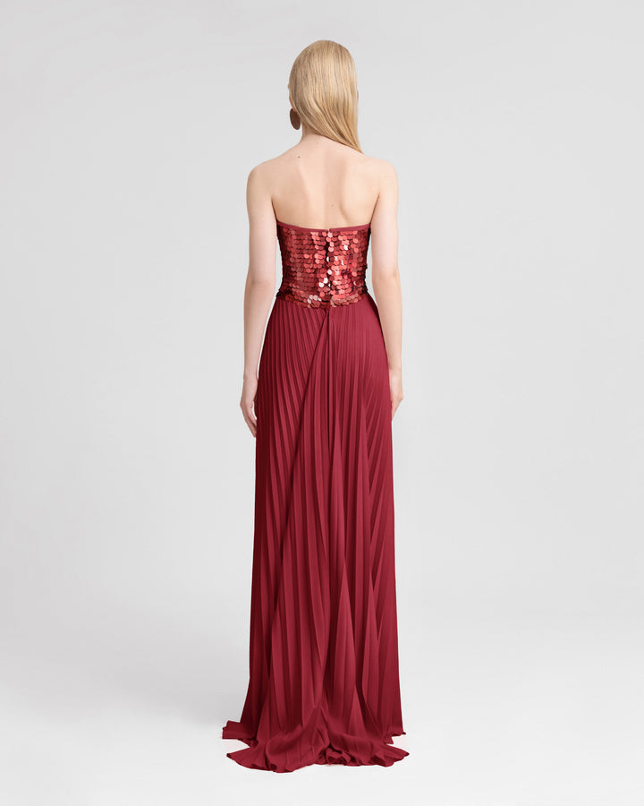 Strapless Sequin Bodice Dress with Plissé Skirt