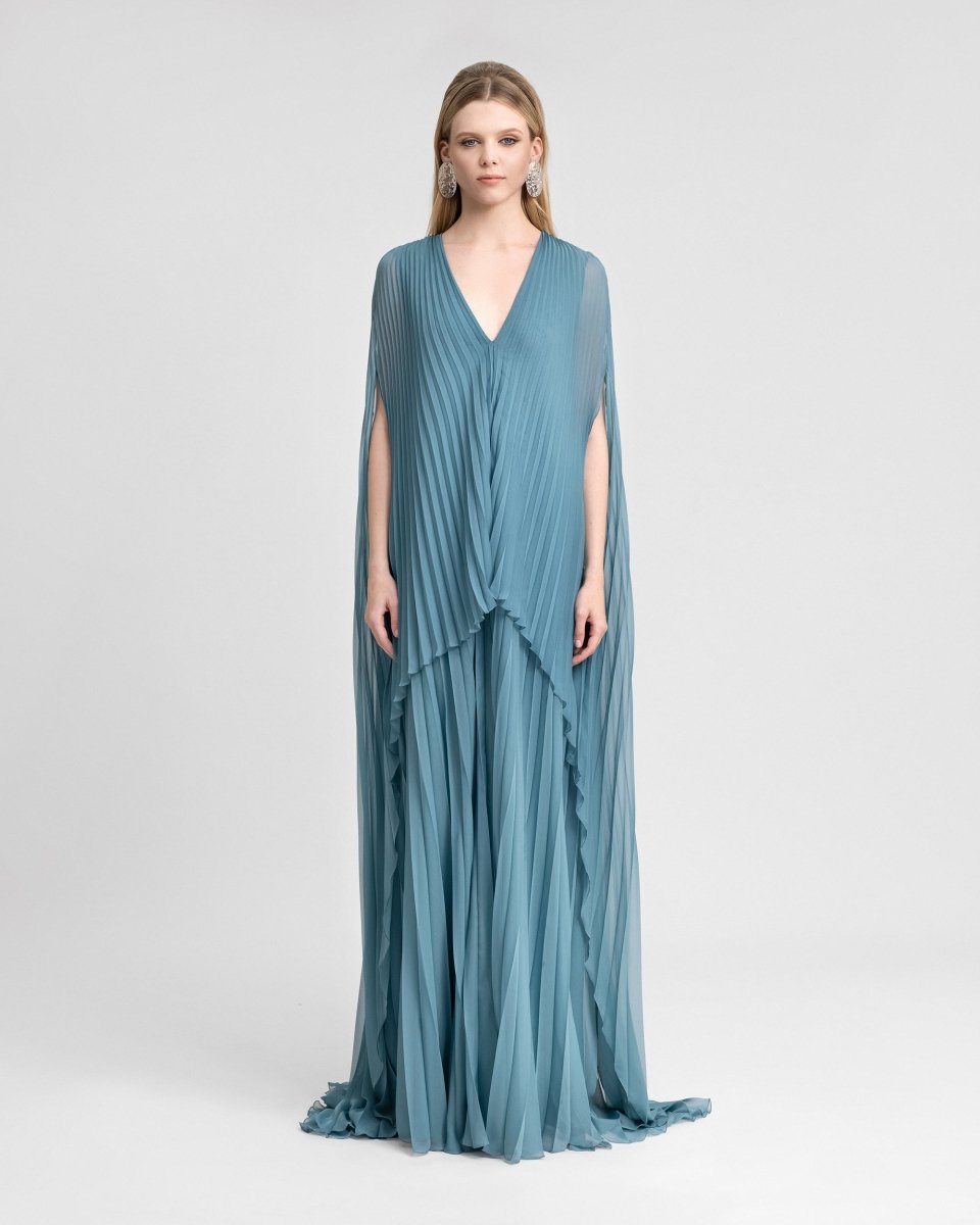 Plissé V - Neck Dress with Cape Sleeves - Gemy Maalouf