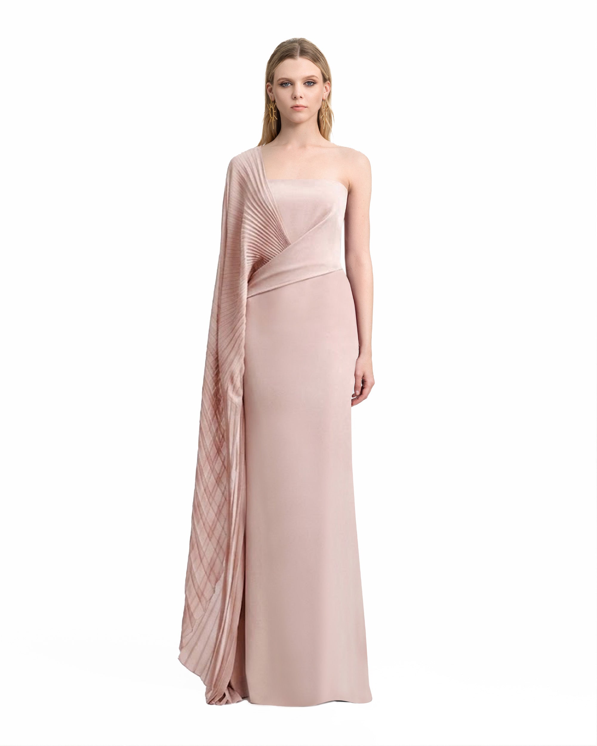 Asymmetrical Draped Dress with See-Through Sleeve