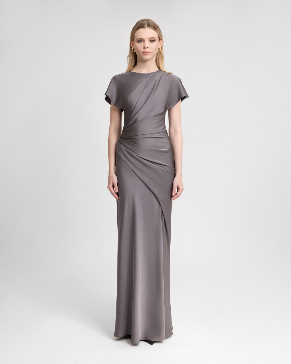 Asymmetrical Draped Satin Dress - Gemy Maalouf
