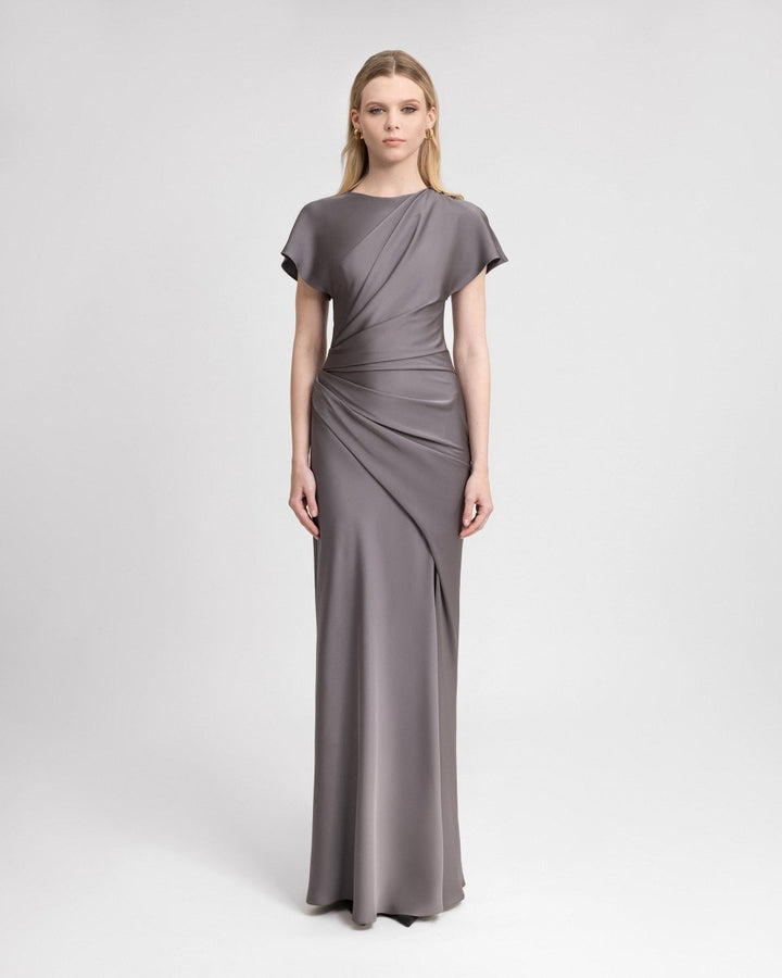 Asymmetrical Draped Satin Dress - Gemy Maalouf