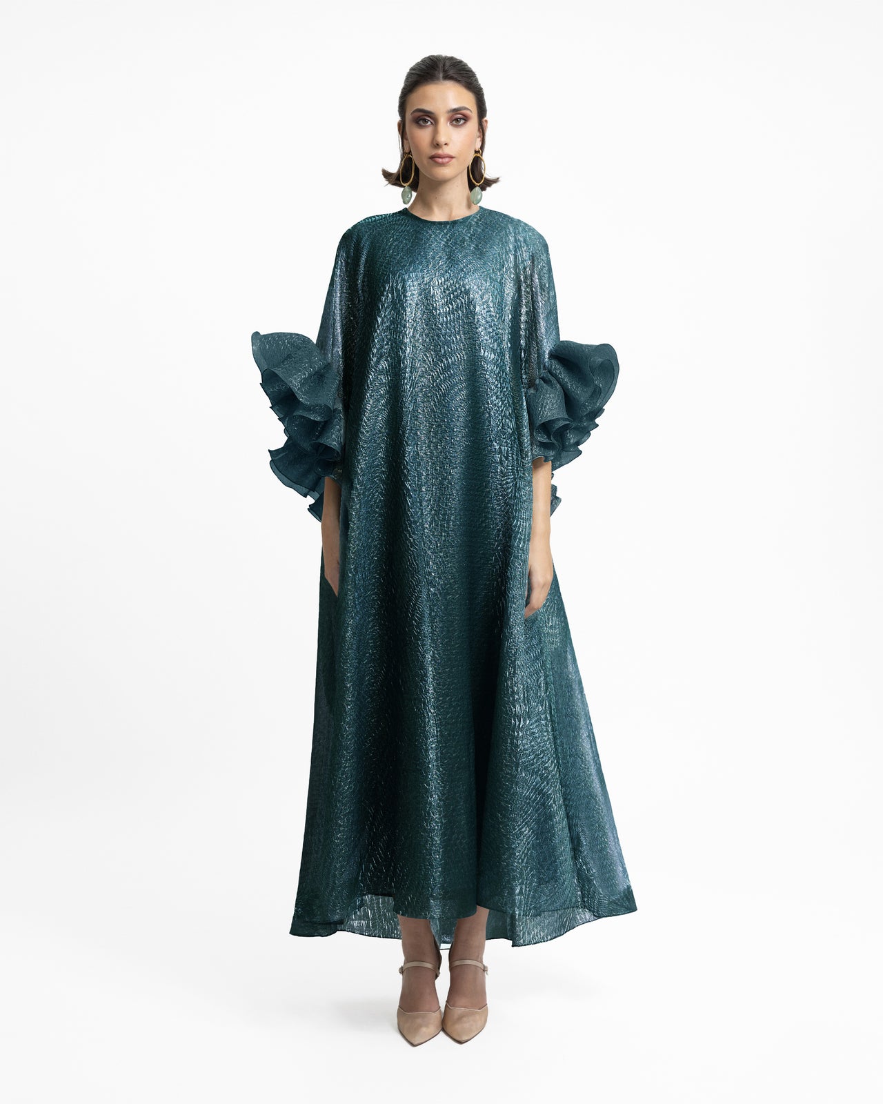 قفطان بأكمام ثلاثة أرباع بكشكش