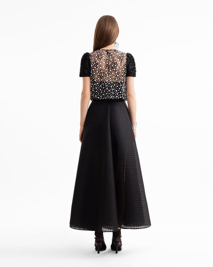 Polka Dot Draped Top & Textured Flared Skirt - Gemy Maalouf