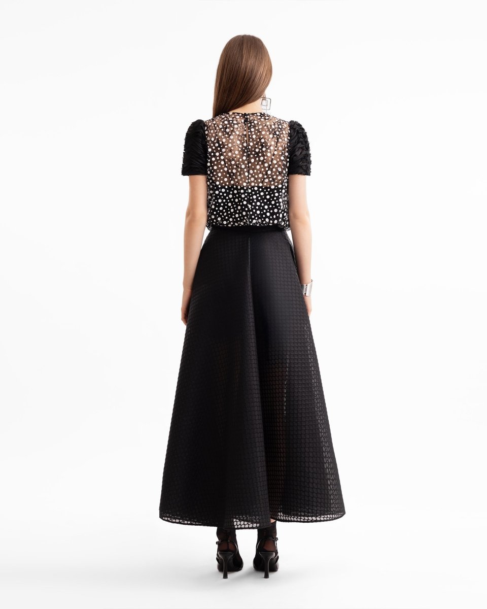 Polka Dot Draped Top & Textured Flared Skirt - Gemy Maalouf