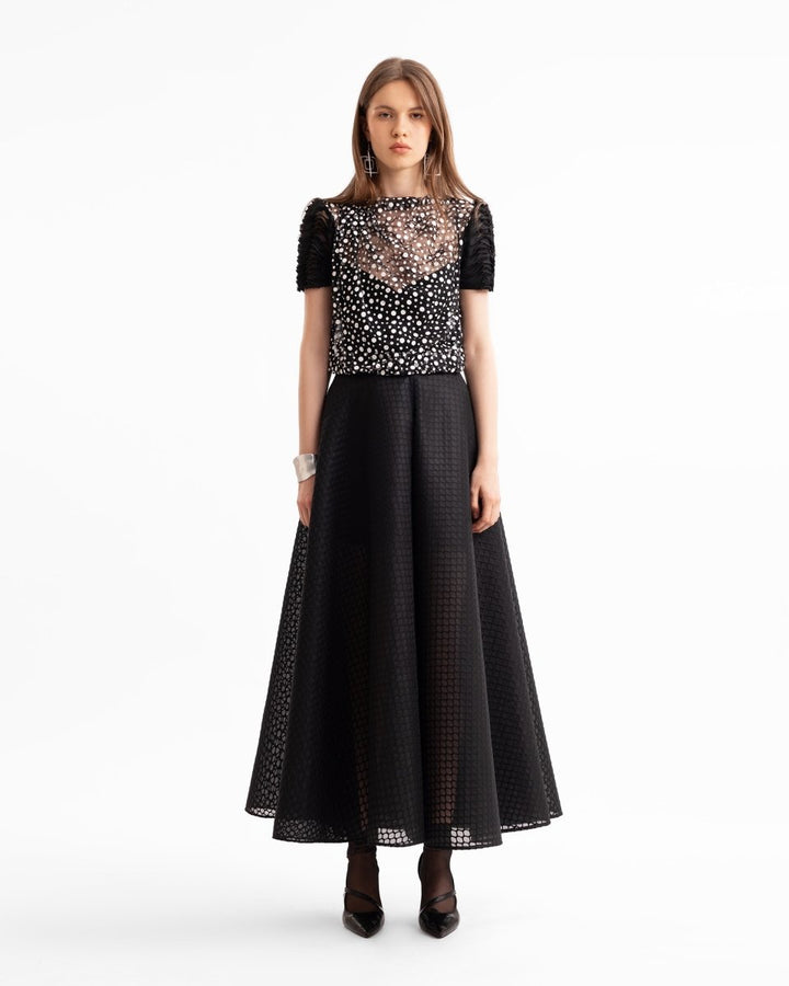 Polka Dot Draped Top & Textured Flared Skirt - Gemy Maalouf