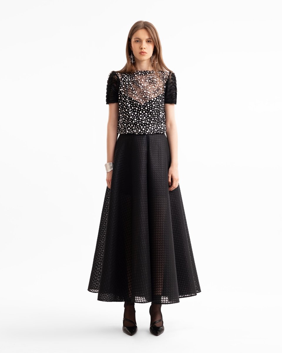 Polka Dot Draped Top & Textured Flared Skirt - Gemy Maalouf