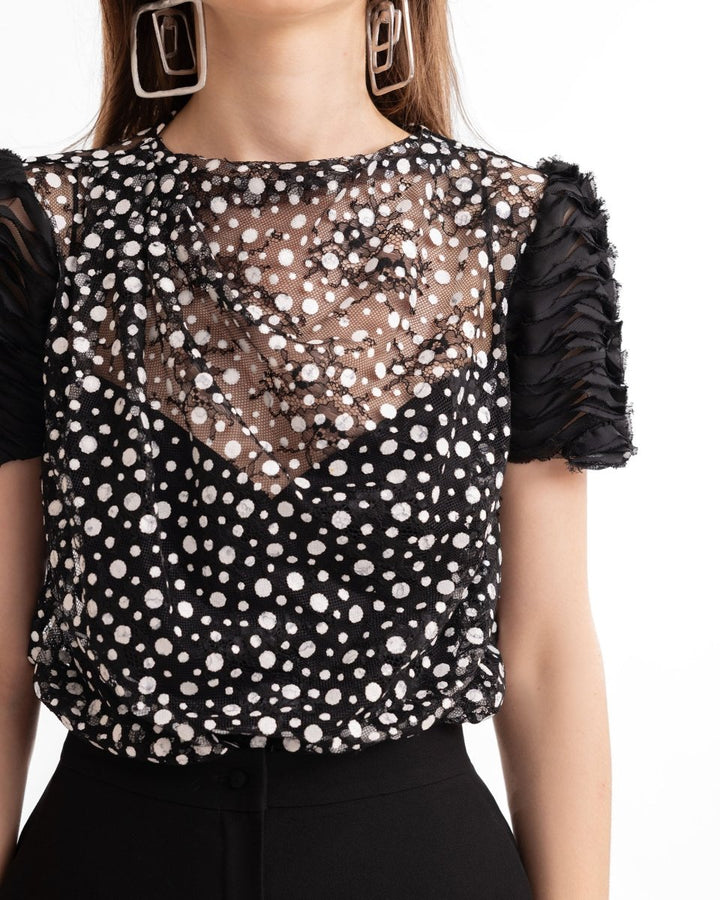 Polka Dot Draped Top & Wide - Leg Pants - Gemy Maalouf