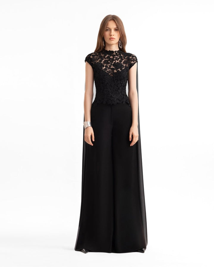 Floral Guipure Top with Cape & Wide - Leg Pants - Gemy Maalouf