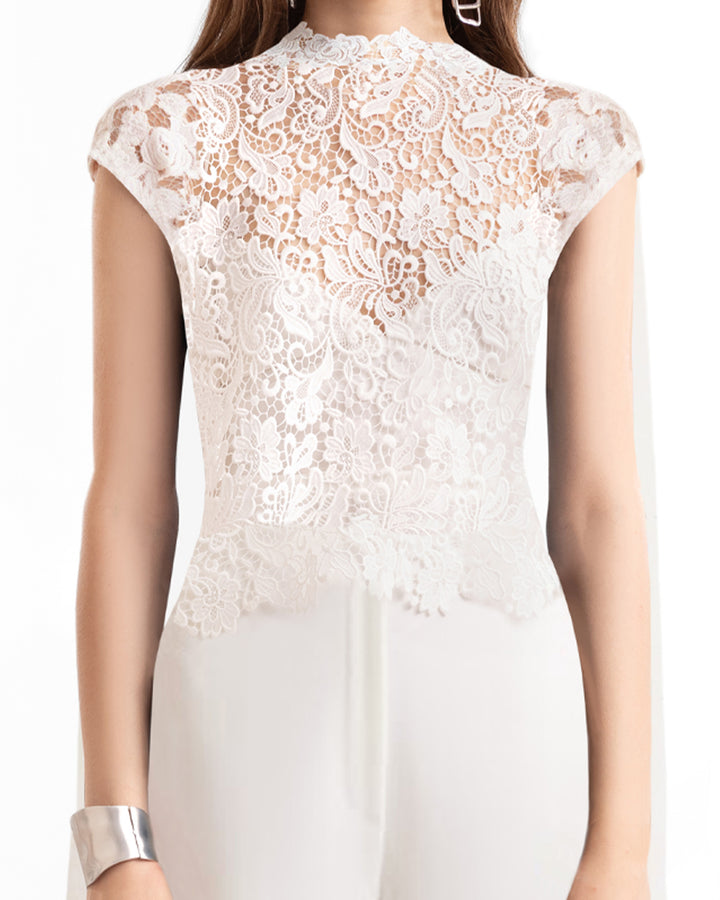 Floral Guipure Top with Cape & Wide-Leg Pants