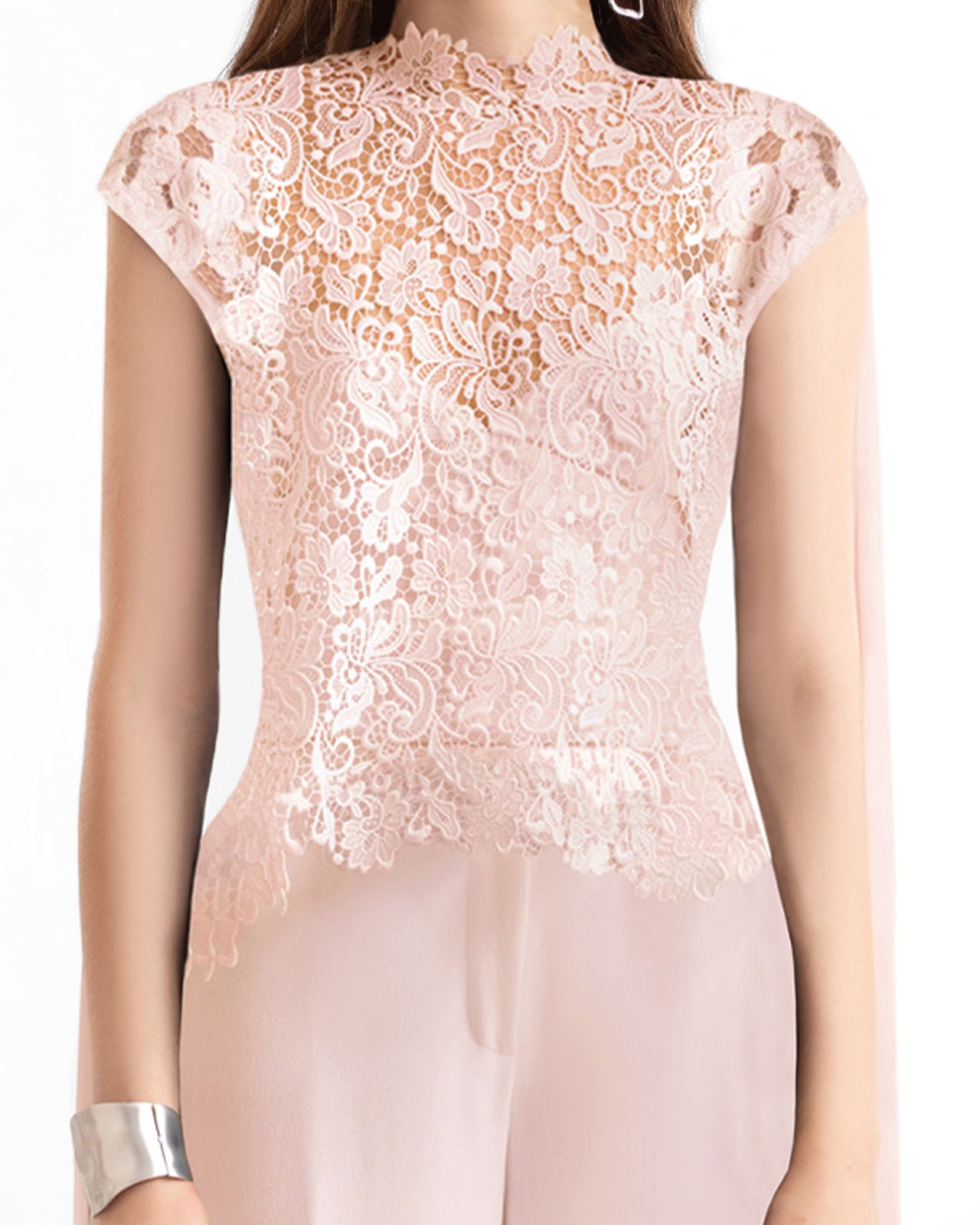 Floral Guipure Top with Cape & Wide-Leg Pants