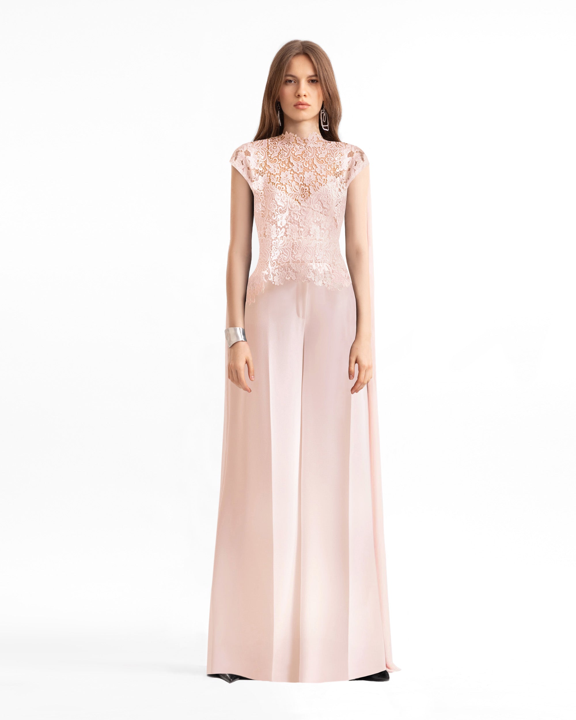 Floral Guipure Top with Cape & Wide-Leg Pants