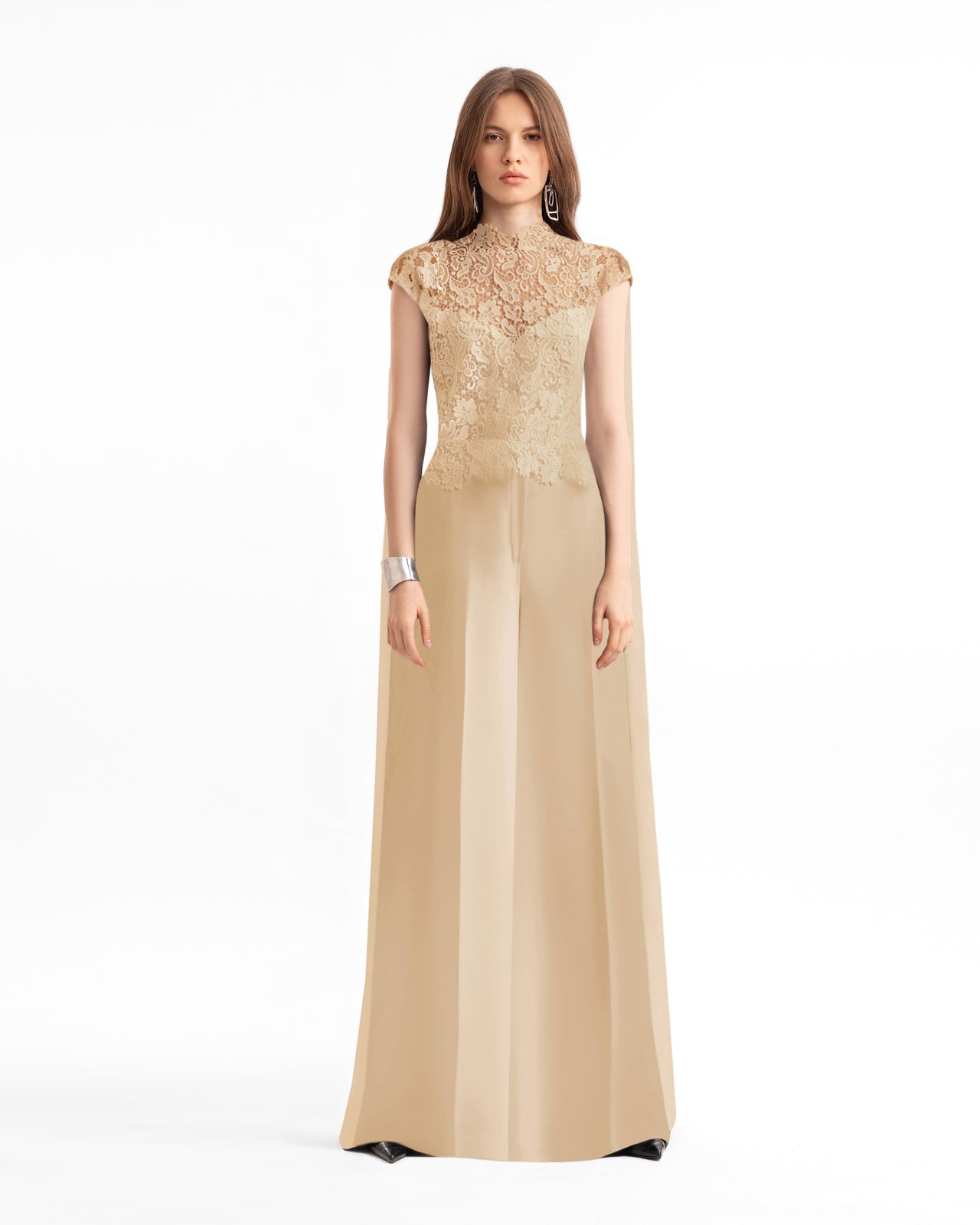 Floral Guipure Top with Cape & Wide-Leg Pants