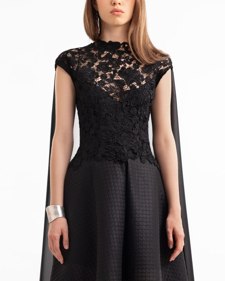 Floral Guipure Top with Cape & Textured Skirt - Gemy Maalouf