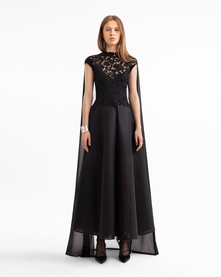 Floral Guipure Top with Cape & Textured Skirt - Gemy Maalouf
