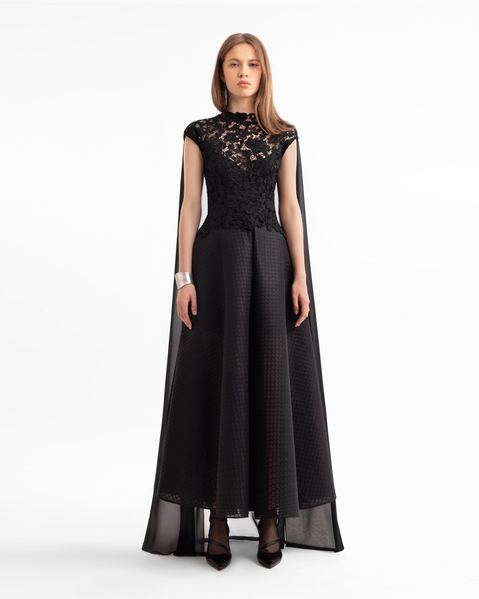 Floral Guipure Top with Cape & Textured Skirt - Gemy Maalouf