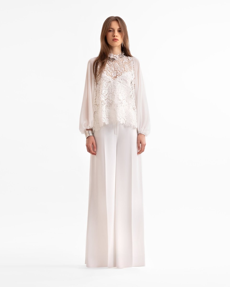 Guipure Top & Wide-Leg Pants Set