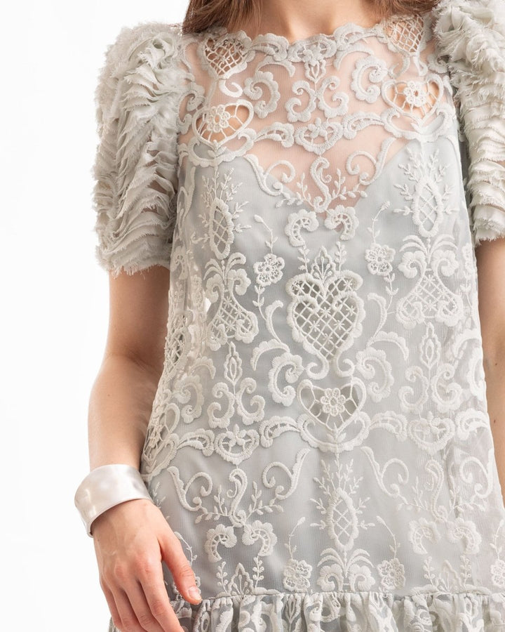 Embroidered High - Low Dress with Ruched Sleeves - Gemy Maalouf