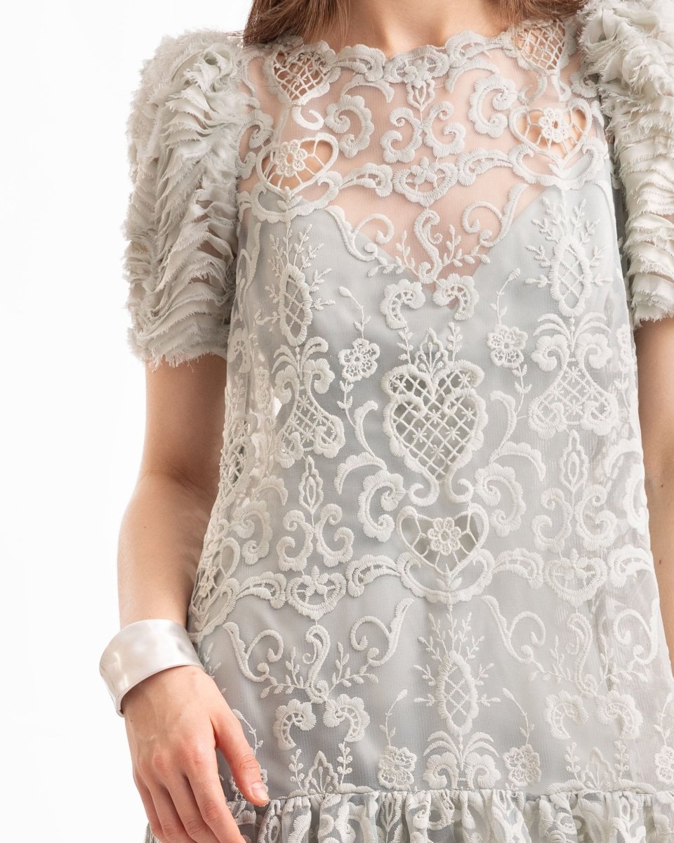 Embroidered High - Low Dress with Ruched Sleeves - Gemy Maalouf