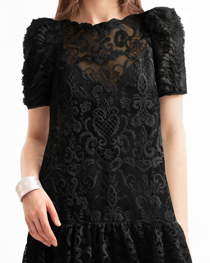 Embroidered High - Low Dress with Ruched Sleeves - Gemy Maalouf