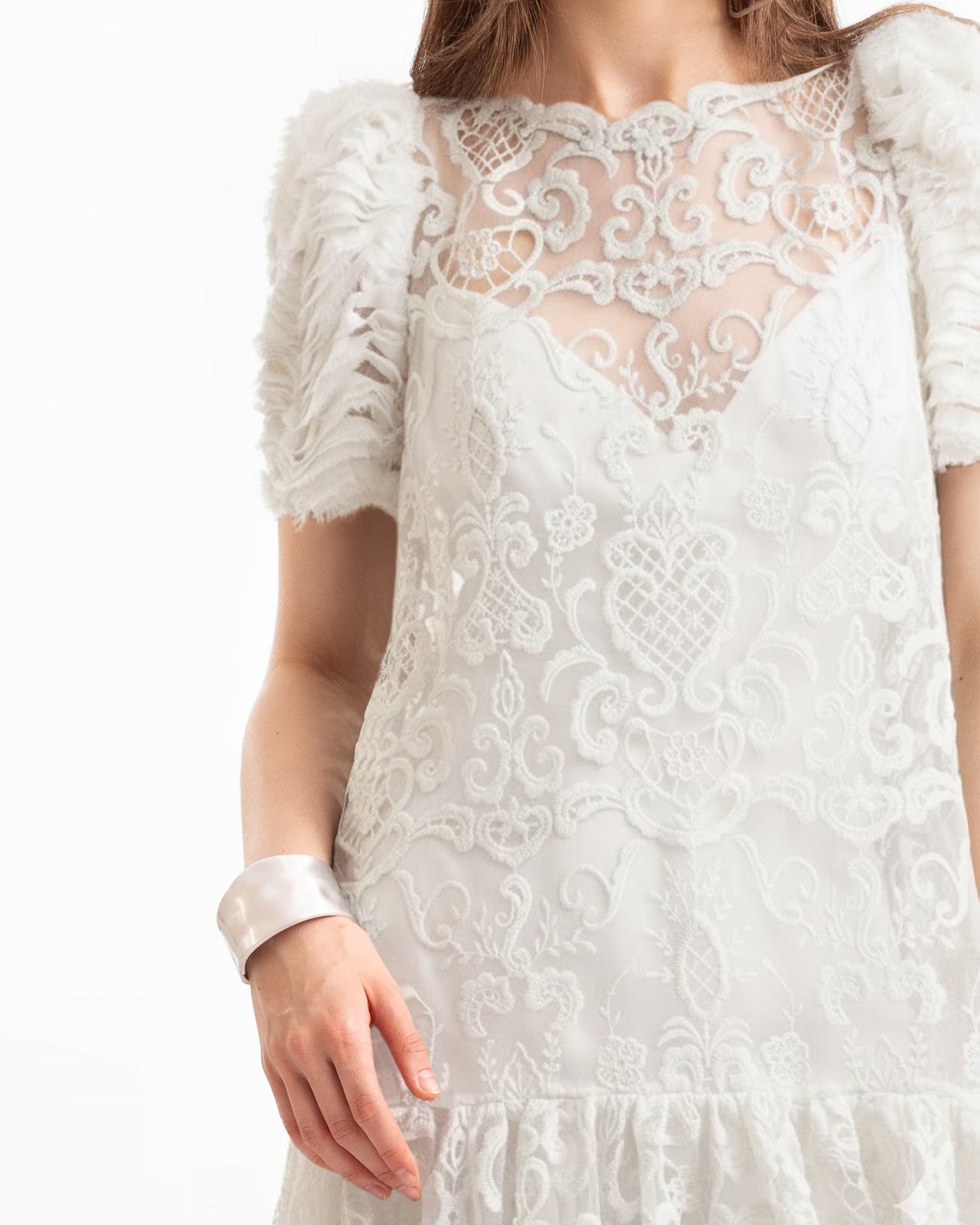 Embroidered High-Low Dress with Ruched Sleeves